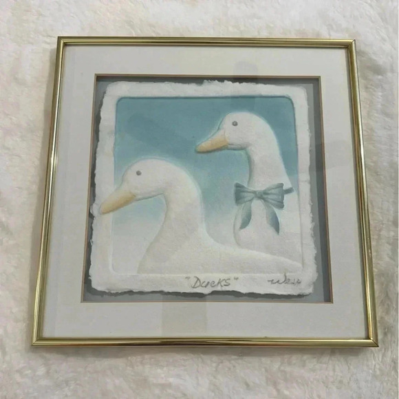 Wesley WESS Smith Ducks Hand Cast Paper Colored Framed Art MCM Signed Brass 90’s - Picture 1 of 13